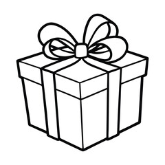 Outlined Gift Box with Ribbon and Star-Shaped Decorations in Black and White