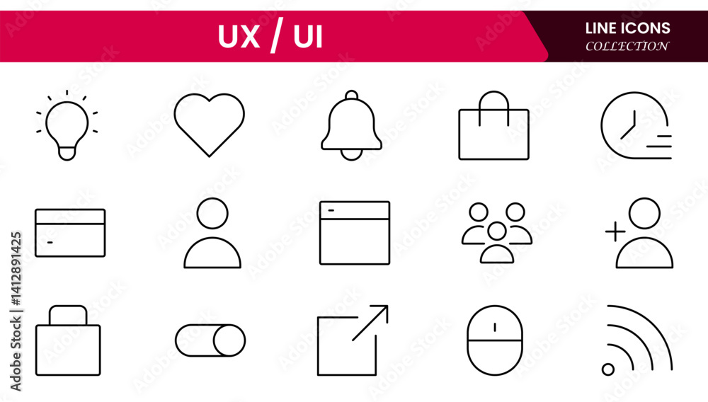 Poster vector illustration web line icon collection focused on ux/ui design, featuring wireframes, user flo