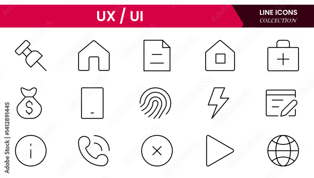 Poster vector illustration web line icon collection focused on ux/ui design, featuring wireframes, user flo
