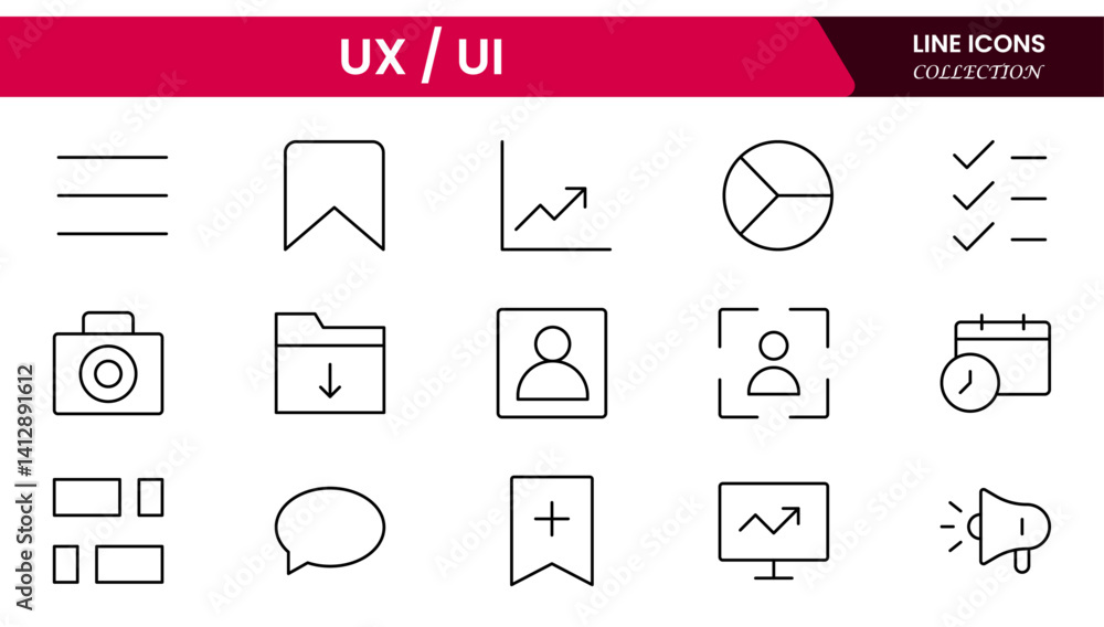 Poster vector illustration web line icon collection focused on ux/ui design, featuring wireframes, user flo