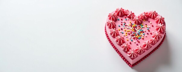 Aerial view of heart-shaped cake with colorful frosting and sprinkles on white background, love, confectionery