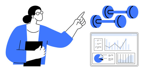 Woman holding a folder, gesturing to floating weights and a data dashboard with graphs. Ideal for business growth, fitness analysis, project planning, data visualization, personal development