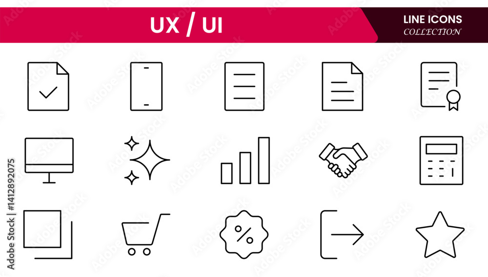 Poster vector illustration web line icon collection focused on ux/ui design, featuring wireframes, user flo