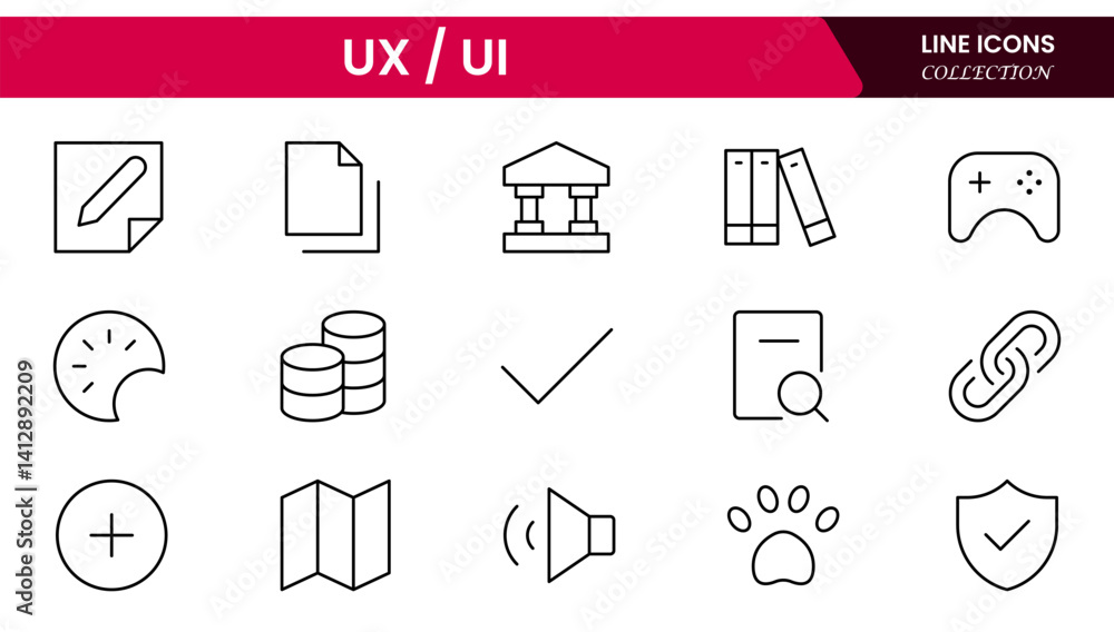 Poster vector illustration web line icon collection focused on ux/ui design, featuring wireframes, user flo