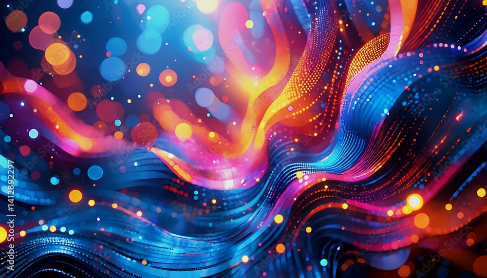 Poster a vibrant and dynamic abstract rendering of luminous, swirling energy streams illuminated by radiant