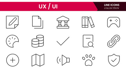 Vector illustration web line icon collection focused on UX/UI design, featuring wireframes, user flow, interface elements, cursor clicks, mobile layout, and usability symbols.
