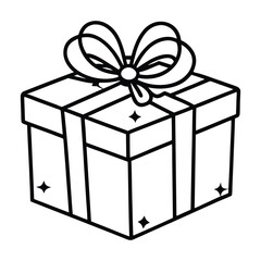 Outlined Gift Box with Ribbon and Star-Shaped Decorations in Black and White