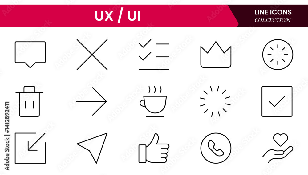Poster vector illustration web line icon collection focused on ux/ui design, featuring wireframes, user flo