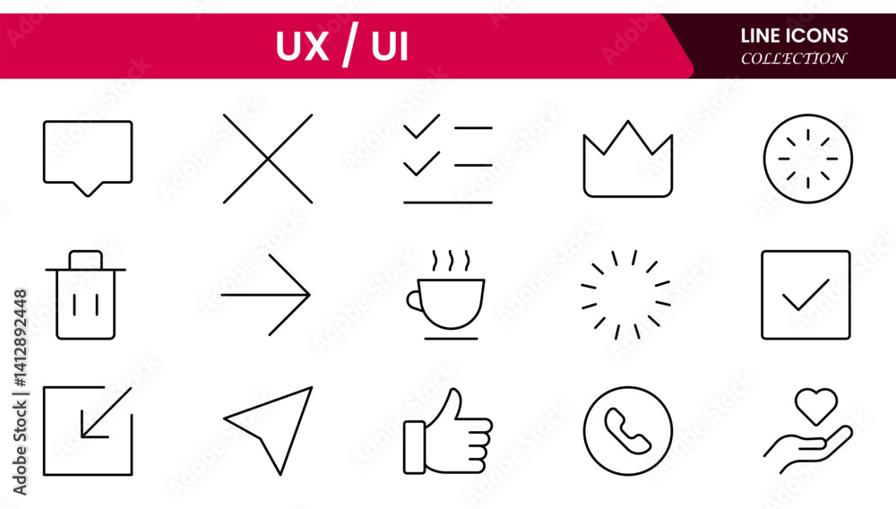 Poster vector illustration web line icon collection focused on ux/ui design, featuring wireframes, user flo