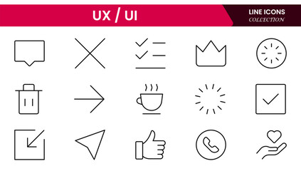 Vector illustration web line icon collection focused on UX/UI design, featuring wireframes, user flow, interface elements, cursor clicks, mobile layout, and usability symbols.