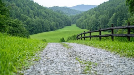 Fototapeta premium Gravel path winds past a wooden fence into a lush green valley surrounded by forested mountains during daytime.