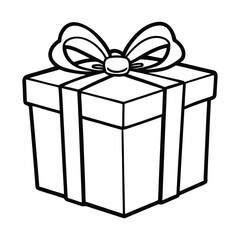 Outlined Gift Box with Ribbon and Star-Shaped Decorations in Black and White