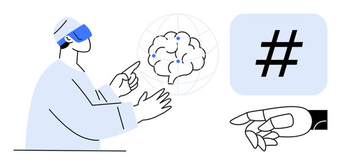 Person wearing VR headset gestures toward neural network brain, robot hand, and metadata tag. Ideal for AI, technology, innovation, virtual reality, robotics, digital learning simple landing page