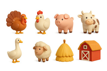 Naklejka premium 3D icon set of autumn farm animals: turkey, chicken, pig, cow, goose, sheep, haystack, barn. 3d icon. Isolated