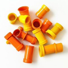 Scattered assortment of yellow and orange plastic toy pipe pieces isoleted on white background