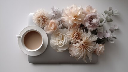 A cup of coffee, flowers