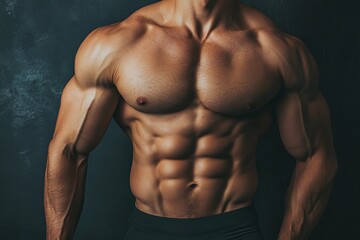 Fototapeta premium men's body perfectly sculpted abs and a subtle V-line , perfect shape, high detail, in style of fashion magazine cover , in shape, healthy lifestyle ,firm body