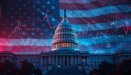 Government Building with American Flag and Stock Market Overlay