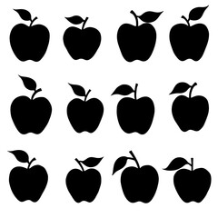 Set of apple icons,Set of Apple elements, Set of black silhouettes of Apple on white background