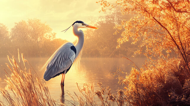 Elegant heron stands gracefully in the tranquil lake at sunrise, creating a serene scene