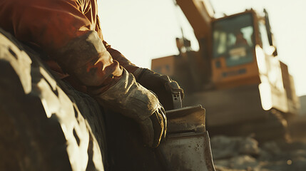Fototapeta premium Heavy equipment operator adjusting the settings on a bulldozer at a mine. Featuring machinery operation and land clearing