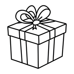 Outlined Gift Box with Ribbon and Star-Shaped Decorations in Black and White