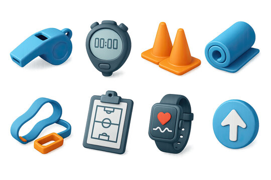 3D icon set of winter sports training: whistle, timer, cones, warm-up mat, resistance band, trainer clipboard, heart monitor, step marker. 3d icon. Isolated