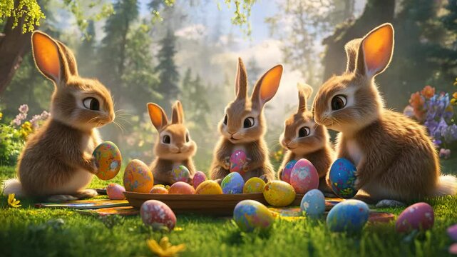 Easter Bunnies with Colorful Eggs
