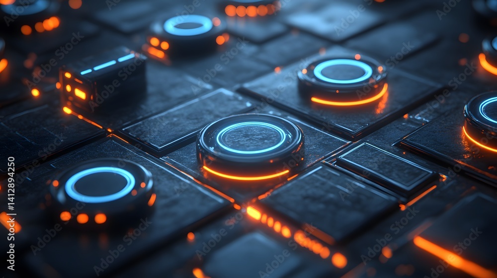 Poster futuristic circuit board with glowing components.
