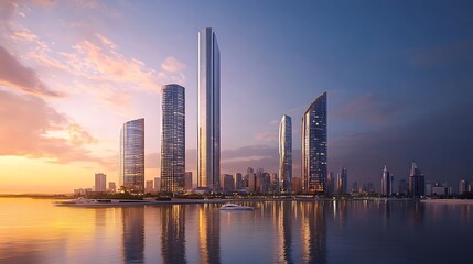 Obraz premium City skyline and sunset hues mirrored across calm waters high resolution picture