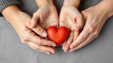 Hands of woman and child with red heart on grey background