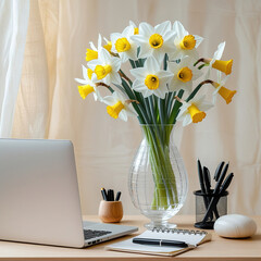 A blogger's workspace, with an elegant vase filled with a bouquet of fresh white daffodils on a wooden table surrounded by office essentials.