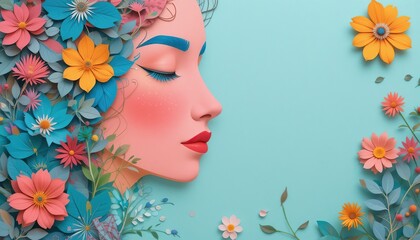 Face and flowers in paper cut style with copy space for international women's day