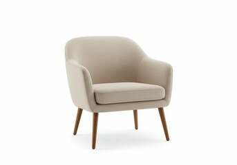 Modern beige upholstered armchair with wooden legs isolated on white background