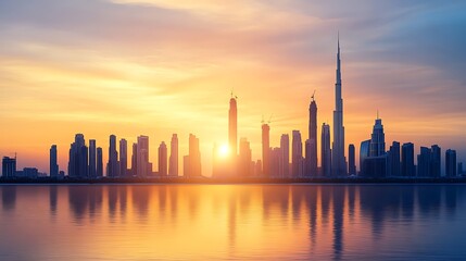 Skyline lights reflecting in sunset water create dreamy cityscape high resolution picture