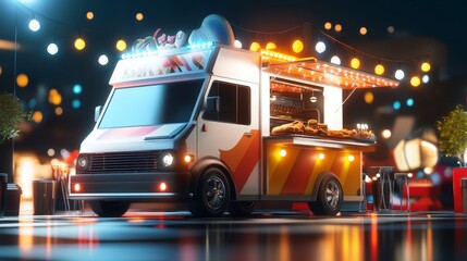 Night Food Truck on Wet Street
