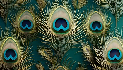 a symmetrical pattern of vibrant peacock feathers with iridescent blue and green hues against a dark teal background.