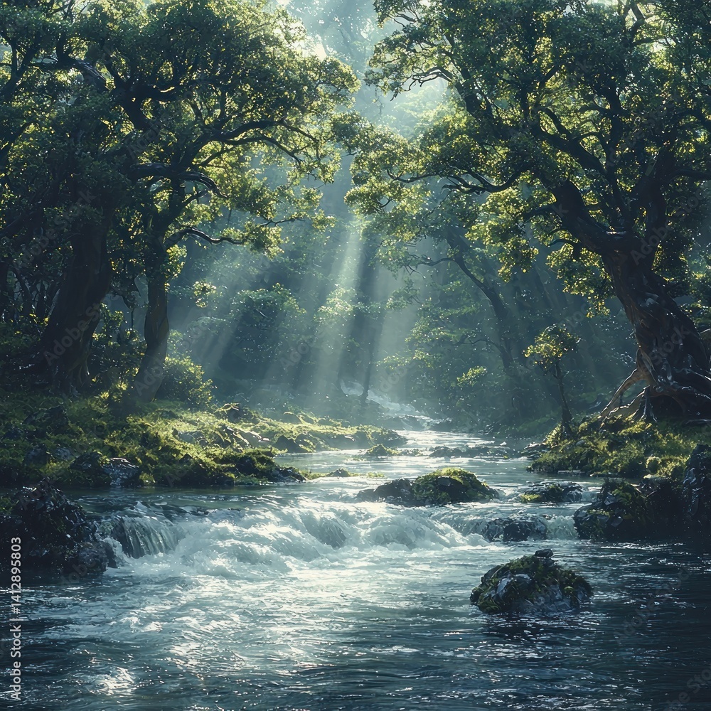 Poster enchanting forest stream with sunlight filtering through canopy of trees
