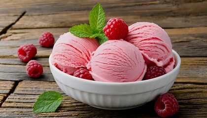 a close-up of raspberry ice cream scoops in a white bowl garnished with fresh raspberries and mint on a rustic wooden surface.