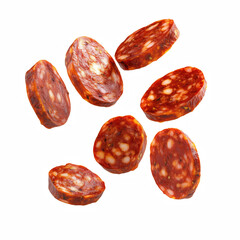 Multiple slices of Spanish chorizo sausage, deep red-orange in color with marbled fat and a slightly glossy surface, floating mid-air, isolated on transparent background.