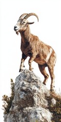 Majestic Brown Mountain Goat on Gray Rock Against White Background