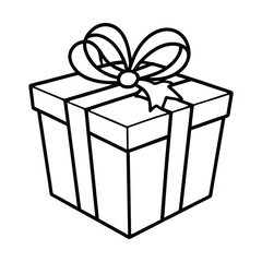 Outlined Gift Box with Ribbon and Star-Shaped Decorations in Black and White
