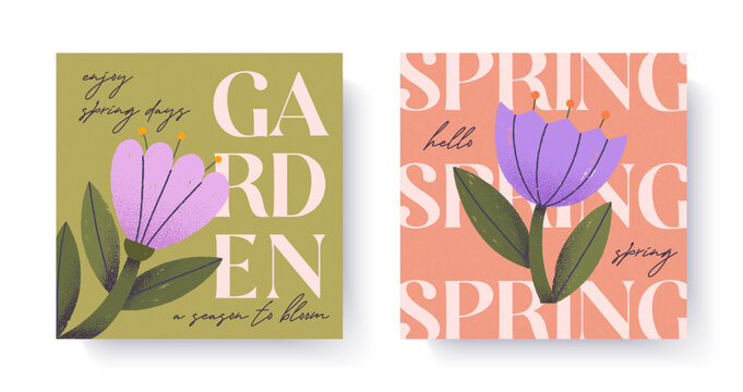 Spring illustrations with artistic hand drawn flowers.Bold typography card templates with blooming floral design.Seasonal backgrounds for spring holidays decor,prints,invitations,offers,greetings