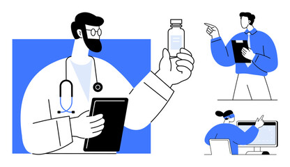 Doctor examines vial, researcher points at computer screen displaying data, and supervisor oversees discussion. Ideal for healthcare, teamwork, innovation, vaccines, research medicine science. Flat