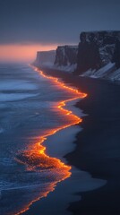 Serene coastal panorama displaying volcanic beach meeting twilight ambiance