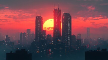 Fototapeta premium Sunset light captures tall cityscape mirrored across smooth lake high resolution picture