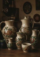 Hand-painted ceramic pottery displayed on a wooden table. Ideal for craft, art, and home decor projects