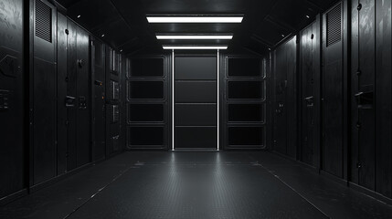 Dark sci fi corridor with metallic walls, futuristic lighting, and industrial tech panels in a spaceship interior.