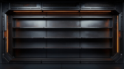 Obraz premium Empty industrial metal shelves with futuristic lighting in a sci-fi setting, suitable for high-tech or dystopian environments.