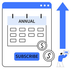 Calendar marked Annual, large Subscribe button, payment icons, upward arrow indicating growth, person interacting with a screen. Ideal for subscription models, growth, business strategy, e-commerce